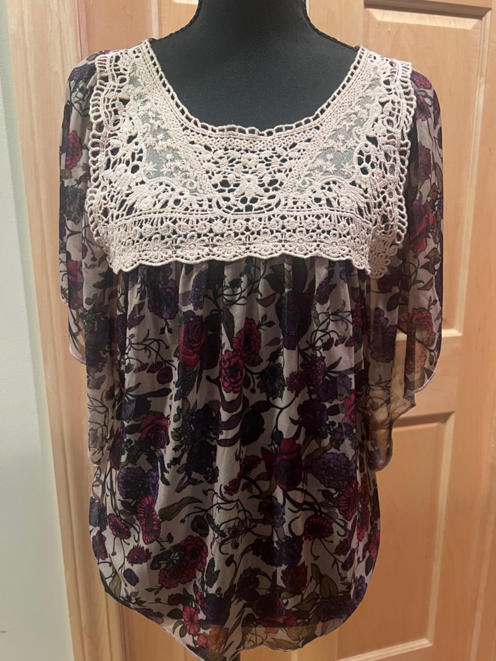 Eyelash Couture Sheer Floral Boho Top Crochet Flutter Sleeve Festival Coquette S
